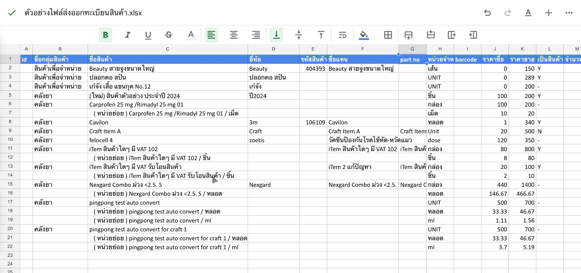 ตัวอย่างไฟล์ Excel แสดงข้อมูลทะเบียนสินค้าใน VetPresso พร้อมรายละเอียดสินค้า รหัส ยี่ห้อ ราคาซื้อ-ขาย และหน่วยจำหน่าย