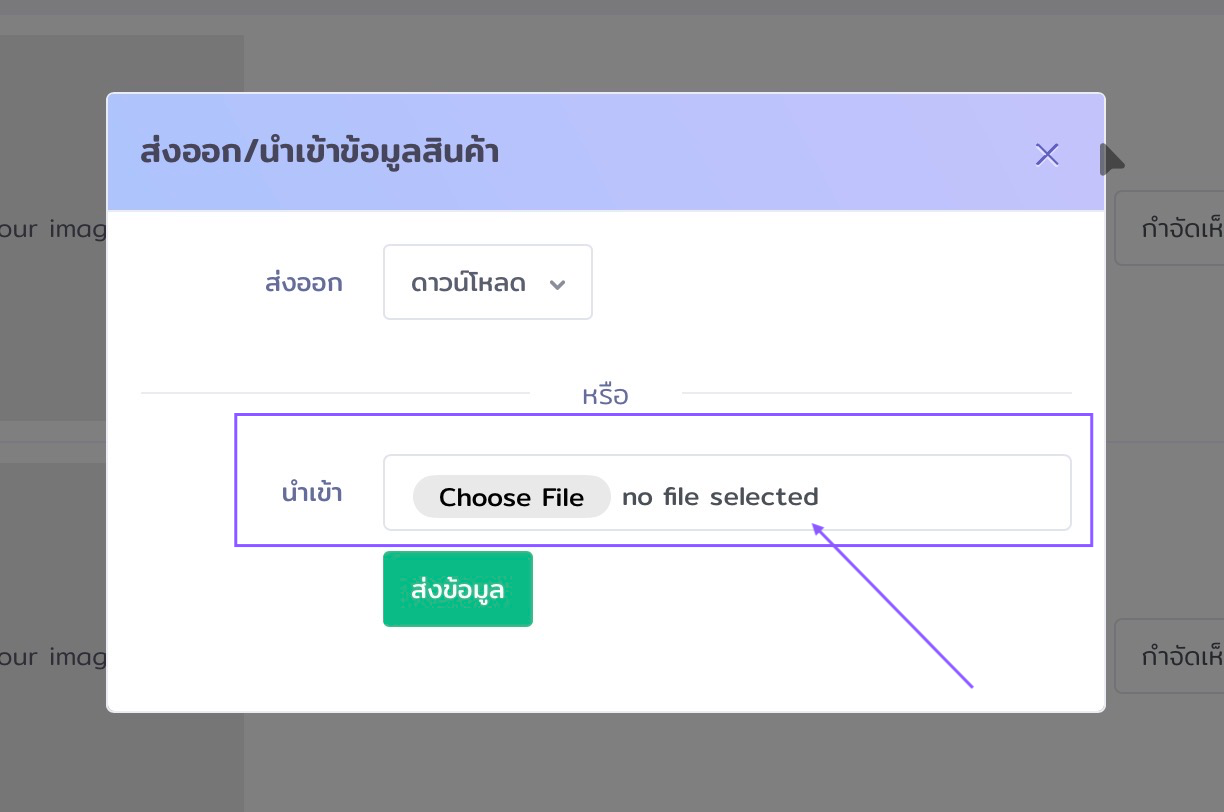 หน้าต่างป๊อปอัปนำเข้าข้อมูลสินค้าใน VetPresso แสดงปุ่ม Choose File สำหรับเลือกไฟล์เพื่อนำเข้า