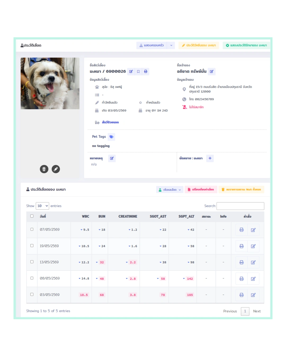 หน้าจอโปรแกรม VetPresso แสดงข้อมูลสัตว์เลี้ยง มะหมา และตารางผลตรวจเลือดที่มีค่าผิดปกติ