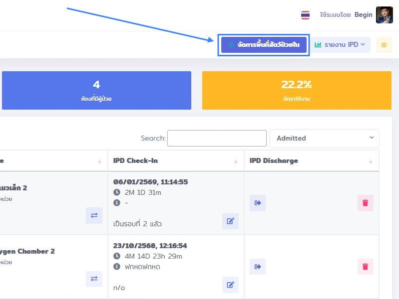 หน้าจอแสดงภาพรวมการจัดการพื้นที่สัตว์ป่วยใน VetPresso พร้อมปุ่ม 'จัดการพื้นที่สัตว์ป่วยใน' และข้อมูลห้องพัก